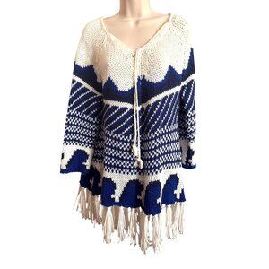 Piperlime Knit Fringe Sweater S Blue White Boho Poncho Style Pullover Festival